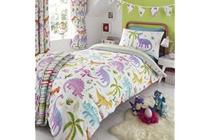 Happy Linen Company Kids Girls Dinosaur Park Jurassic Pink T-Rex Dino White Reversible Toddler Cot Bed Bedding Duvet Cover Set