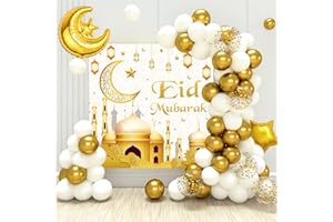 WAYFUN Eid Mubarak Ramadan Décoration Ballons Set, 70 Pièces Ballons en Or Blanc et Ballons de Lune étoile Dorée avec Bannière de Fond 'Eid Mubarak' pour la Célébration du Ramadan et de l'Aïd Moubarak