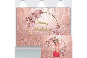 WANGRJ Happy Birthday Hintergrund Rosa Rose Gold Blumenballon Rose Gold Fotografie Hintergrund Sweet Girl Frauen 16., 30., 40., 50. Geburtstag Party Dessert Kuchen Tisch Dekor Requisiten 2,4 x 1,8 m