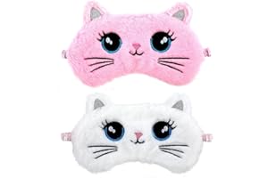 WY LIGHTING LEVEL 2 Pezzi Maschera per Gli Occhi In Peluche Morbida Benda per Dormire Copertura per Gli Occhi Comoda Maschera per Dormire Animale Carino Pisolino In Raso Copertura per Occhi (Stile Gatto Bianco Rosa)