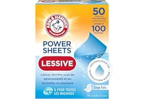 Arm & Hammer Power Sheets Détergent à Lessive en Feuilles, Parfum Fresh Linen, 50 Unités, Jusqu'à 100 Petites Lessives