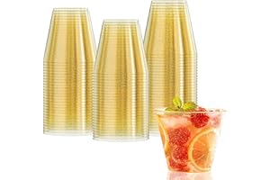 KOOSREEL Gobelets en plastique, 50 Pack Gobelets en plastique 270ml/9oz avec paillettes en plastique réutilisables Verres en Plastique Dorés pour boissons, cocktails,mariages, fêtes, Noël