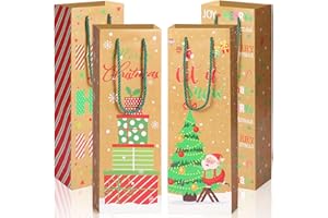 Cleaneaty Christmas Wine Bottle Bags, 12 Pcs Xmas Kraft Paper Wine Bottle Gift Bags with Handles in 4 Designs for Champagne & Wine Bottles, Christmas Gifts, Birthdays and All Occasions