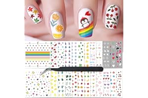 ATYDKUG 24 Feuilles Nail Stickers Ongles Nail Art pour Femmes Filles Mignon Fleur Coeur Arc-en-ciel Étoile Autocollants pour ongles Enfants Auto-Adhésif DIY Design Impression Autocollant Ongle