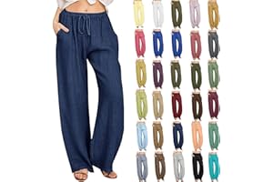 KUIH Womens Trousers Summer Casual Linen Trousers Drawstring Elastic Waist Long Pants Women Straight Wide Leg Lounge Pants High Waisted Palazzo Loose Fit Ladies Bottoms