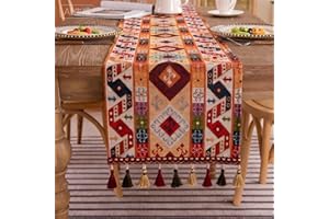 Clothfuna Winter Orange Table Runner, Vintage Bohemian Table Runner, Boho Jacquard Cotton Blend with Tassels for Dining Table Party Holiday Outdoor, 33x120 cm/ 13x47 inch