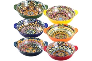 Henten Home Ciotole con Manici, Piatti da Insalata, Piatti da Portata Set di 6 Ciotole, Colorato Stile Bohémien, Piatti Ceramica per Pasta, Insalata, Frutta