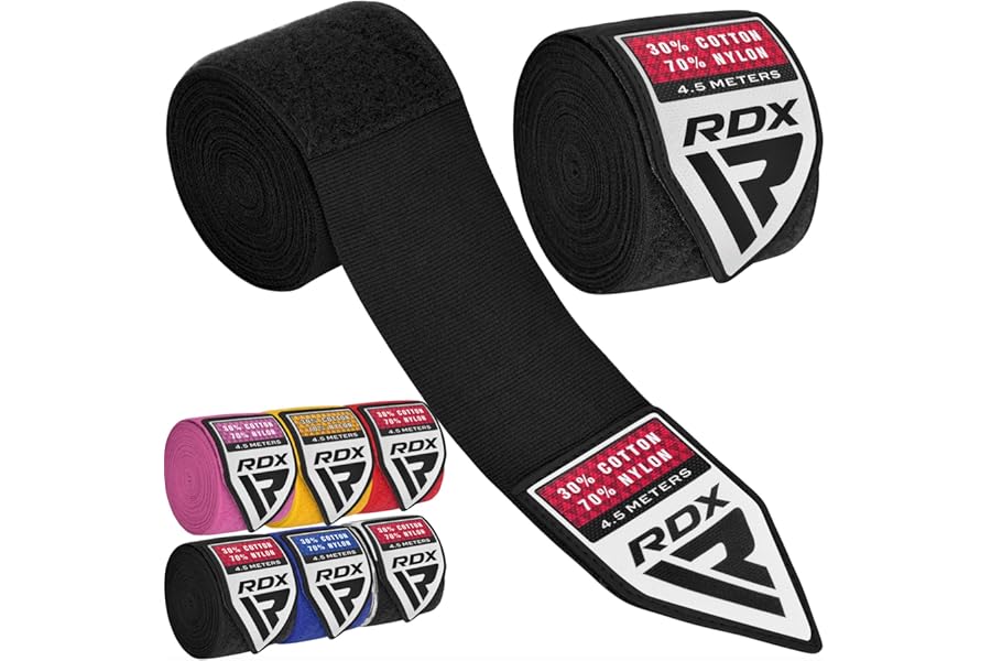 RDX Boxing Hand Wraps 4.5M / 180 Inches – Mexican Style Semi-Elastic MMA Inner Gloves - Wrist Support for Muay Thai, Kickboxing, BJJ, Karate - Thumb Loop & Hook and Loop Closure - Cotton & Nylon Blend