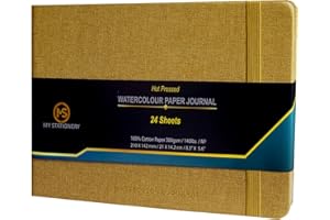 MS MY STATIONERY A5 Watercolour Pad Hot Pressed Paper Sketch Book Linen Fabric Hardcover Thread Sewn Binding Paper Journal 140lb (300gsm) 100% Cotton Off-White Paper Sketchbook 24 Sheets – Light Gold Cover