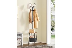 Hzuaneri Coat Rack, Coat Stand with 12 Hooks for Small Space, Coats Tree with Large Storage Basket and 1 Shelf for Bag Jacket Hats, Hallway, Living Room, Bedroom, Office, Rustic Brown CR62601B