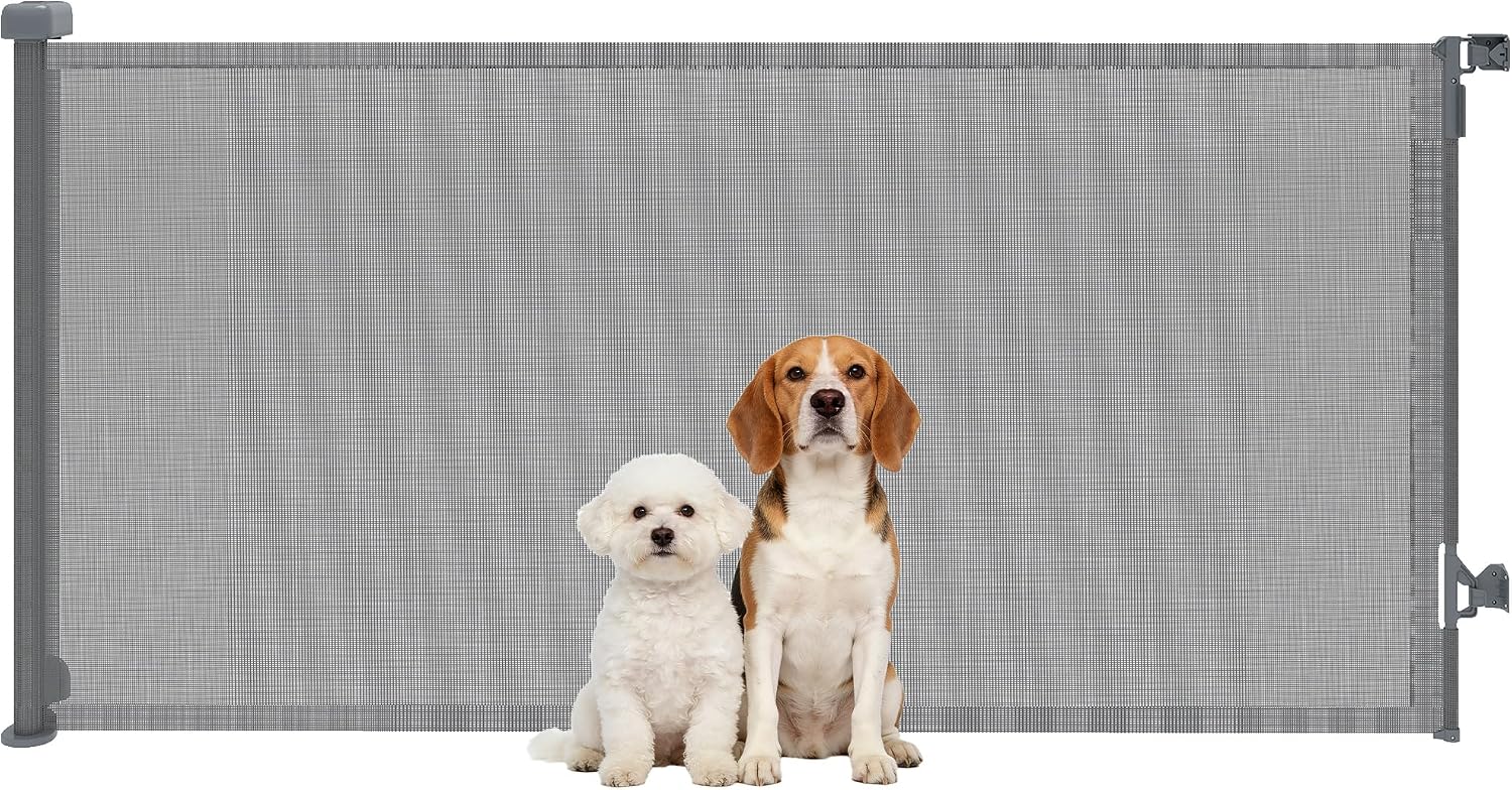 PawHut Barrera de Seguridad para Perros Retráctil, Extensible hasta 180 cm de Ancho y 93 cm de Alto, para Escaleras y Puertas, Valla para Perros Pequeños y Medianos, Uso con Una Sola Mano, Gris