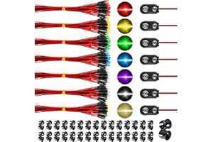 DASYUSUO 70Pcs Prewired Led Ultra Bright 12v Pre Wired LED Diodes Light 3mm Prewired Led Light with 70Pcs Plastic LED Holder and 15Pcs Battery Holder Clip Cable for Decor(7 Colors)