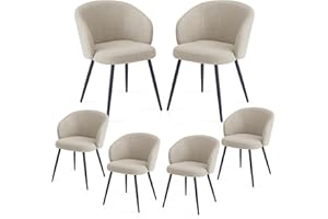 Weegstok Set of 6 Chunky Weave Fabric Upholstered Dining Chairs with Arms and Metal Legs for Dining Room, Kitchen, Living Room, Home Office (6, Beige)