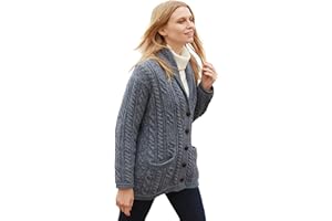 Aran Woollen Mills Damski kardigan z wełny merynosów, dziergany irlandzki szal z kieszeniami