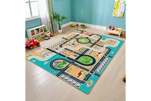 QUNKAKU Spielteppich Straße, Autoteppich für Spielzeugautos, Kurzflorig und Waschbar, Kinderteppich Straßenteppich Ideal für Das Kinderzimmer von Jungen und Mädchen(80×150cm)