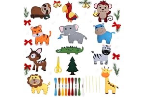 MOPUBZO Zestaw do Szycia Filcowego dla Dzieci 6+ – 12 Filcowych Zwierząt (Lew, Hipopotam, Żyrafa, Małpa, Choinka, Słoń, Tygrys, Papuga, Sarna, Leniwiec, Krokodyl, Zebra), Zabawki Edukacyjne DIY, Kolorowe Nici