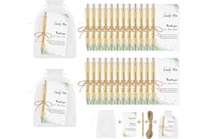 OFFCUP Lot de 24 Stylo à Bille Merci, Stylo à Bille en Bambou Merci pour Tout Personnalisé avec Carte et Sac en Organza Stylos Cadeau pour Famille et Amis école Collègues Enseignants