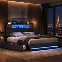 Lit 140x190 cm avec LED et chargement USB Type C, Lit double avec 4 tiroirs, Lit rembourré, Sommier à lattes, lin beige - Maison Lit 140x190 cm avec LED et chargement USB Type C, Lit double avec 4 tiroirs, Lit rembourré, Sommier à lattes, lin beige - Maison