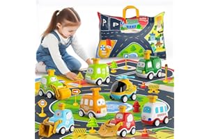 BLmukce Cartoon Cars Kids Toys for 1,2,3 Year Old Boys and Girls, Toddler Motor Vehicle Playset, Storage Bag, and Playmat, Birthday Gifts for Babies Age 12-36 Months(8 Cars+Map)