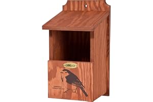 dobar® green label 22366FSCe Nistkasten "Rotkehlchen" - Halbhöhlenkasten aus Holz - Nisthilfe für Halbhöhlenbrüter - Nistplatz Halbhöhle mit Siebdruckmotiv Rotkehlchen - 17 x 18 x 32 cm - Braun