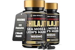 SEA VITALITY Shilajit Seamoss and Lions Mane Capsules - 120 (2 Bottles) High-Strength Capsules, 1600mg per Serving, Pure Shilajit, Natural Sea Moss, and Lion's Mane for Enhanced Cognitive and Physical Health