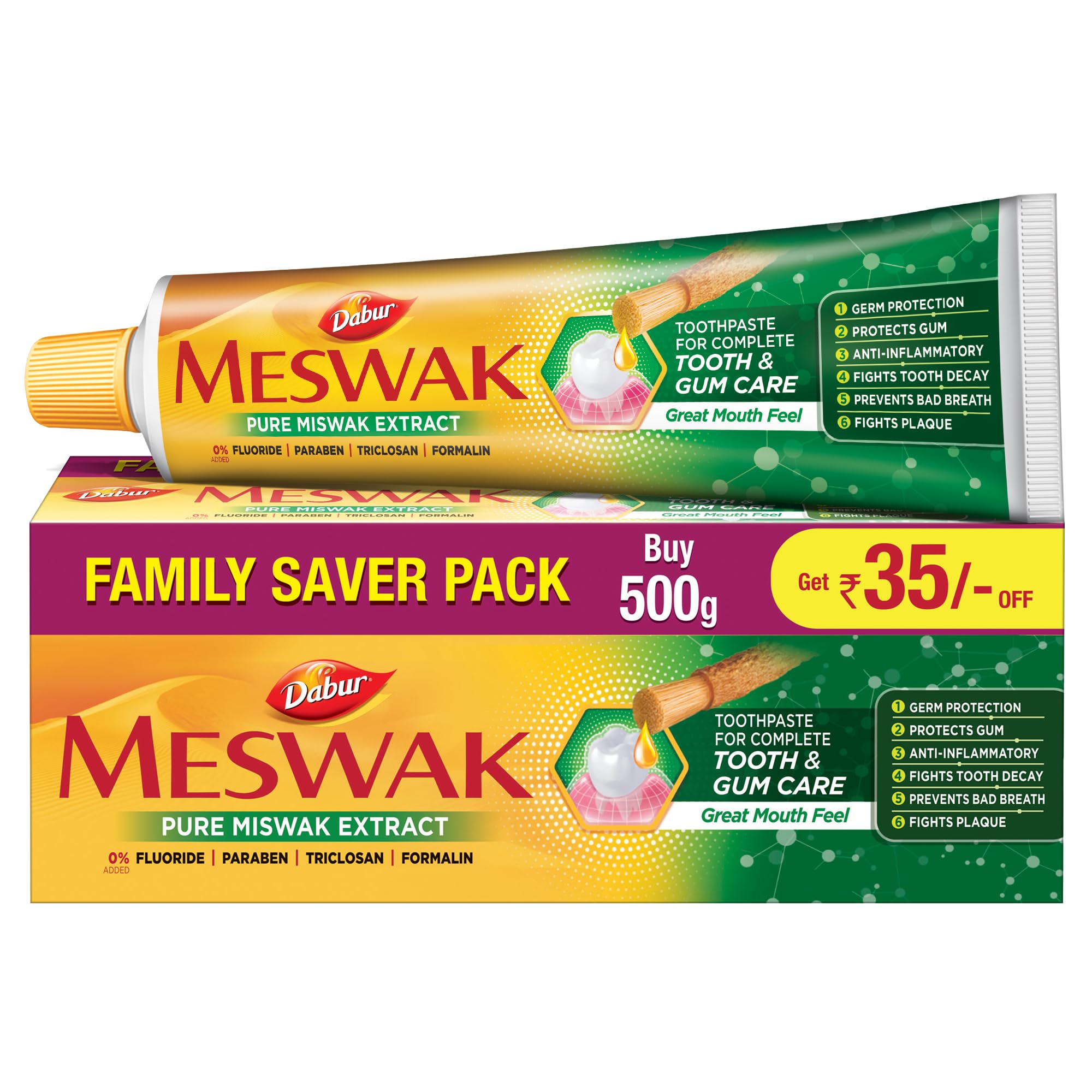 Dabur Meswak Complete Oral Care Toothpaste - 500g (2 x 200g + 1 x100g) | Complete Oral & Gum Care Toothpaste | Contains Pure 