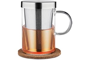 Cosumy Taza de Té con Filtro y Tapa 400 ml - Taza Infusiones Té Con Posavasos de Corcho - Vaso de Cristal de Borosilicato - Taza Grande