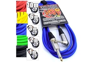NO BULL Premium Guitar/Instrument Cable (Blue, 10ft / 3m, Straight to Right Angle Plugs) - Heavy Duty Pro 1/4" Jack to Jack Noiseless Mono Lead - Coloured Link Lead to Amplifier/Amp + Cable Tie