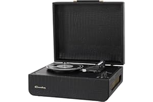 Crosley Mercury Retro gramofon z 2 głośnikami, Bluetooth In/Out & AUX – 3 prędkości gramofonu – do winylu o przekątnej 7", 10" i 12" – przenośny z wbudowaną walizką – czarny wygląd skóry
