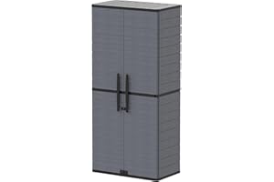 Duramax Cedargrain Tall Plastic Vertical Storage Cabinet, 2 Door Cabinet with 4 Shelves, Garden Storage Cupboard, Outdoor Lockable Cabinet, Water Resistant Short Cupboard, Garden Storage Unit, Grey