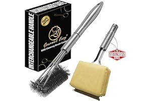 GOURMET EASY 2-in-1 Stainless Steel Grill Brush Cleaning Kit, Grilling Accessories, Interchangeable BBQ Brush & Griddle Scraper with Fire-Resistant Cleaning Sponge, Dishwasher Safe Grill Cleaner, BBQ Accessories