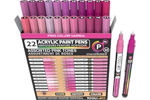 TOOLI-ART Pro Colour Series Lot de 22 marqueurs de peinture acrylique, pointe extra-fine de 0,7 mm, pour pierre, verre, tasses, bois, métal, plastique, toile Rose Non toxiques, à base dʼeau, séchage rapide.