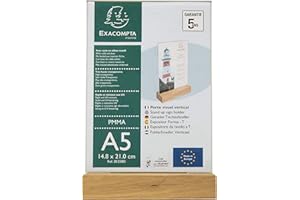 Exacompta - Réf. 85258D - 1 Porte-visuel avec socle en bois A5 vertical Office - Dimension 148 x 210 mm - PMMA (acrylique) pour photos, menus pour restaurants, hôtels, réception - Couleur Cristal
