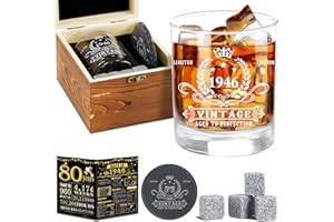 Amosking 80th Birthday Gifts for Men,Vintage 1946 Whiskey Glass Set,Wood Box & Whiskey Stones & 1946 Poster Anniversary Card & Coaster,Birthday Gifts Ideas for Him,Husband,Dad
