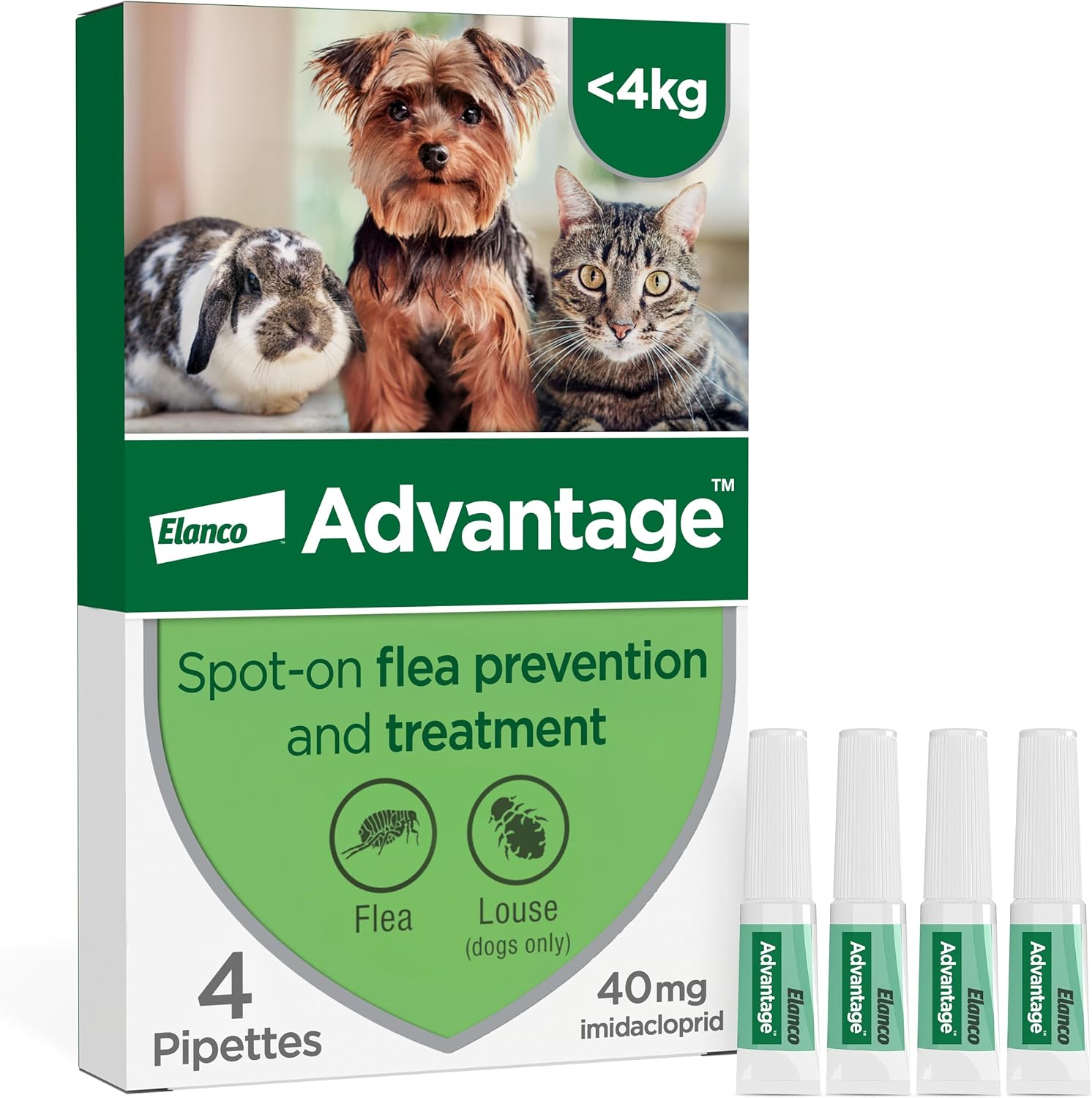 Advantage Spot On Flea Treatment For Cats, Dogs and Rabbits Under 4kg (4 pipettes, 40mg), Kills Fleas Within 24 Hours, Prevents Further Infestation For Up To Four Weeks in Cats and Dogs