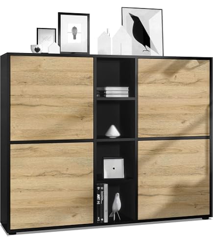 Buffet Dressoir Sylt 139x72x35 Cm - Corps Noir Mat, Façades Blanc Brillant, 2 Portes, 4 Tiroirs