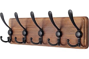 SKOLOO Garderobenleiste Holz, Vintage, Stabile Kleiderhaken Wand mit 5 Dreifachhaken, zum Aufhängen von Kleidung, Mantel, Hüten, Jacken, Rucksack, Hakenleiste Holz Vintagebraun