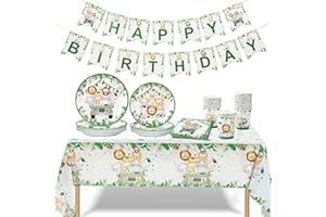 PATIMATE Juego de Vajilla Animal Jungle Safari, 98pcs Decoración Fiesta Cumpleaños Niños con Platos de Papel Desechables Servilletas Vasos Mantel Banner, Vajilla Baby Shower Animal Verde(24 Invitados)