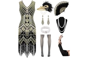 WILDPARTY 1920s Dresses for Women, Flapper Dress Lace Fan Fether Headband Sequins Beads Fringes 20s Accessories Vintage Mafia Costume