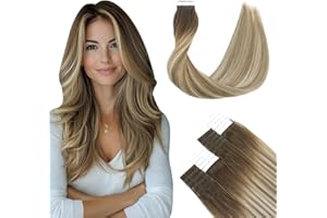 SURNEL Extensiones Adhesivas Pelo Natural Marrón Más Oscuro Desvaneciendo a Marrón Ash Resaltado con Rubio 40cm 50g 20Piezas Extensiones Adhesivas Pelo Humano Natural(T#3/8/22-40cm)