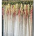 Lazybeee 19pcs Elegant White Sheer Backdrop with Pink & Cream Wisteria with LED Lights for Festive Home Decor Celebration | Enhance Your Home with Ganpati Pandal Decoration Kit, Fabric, Floral