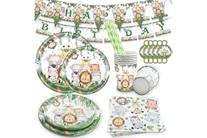 Feelhap Giungla Safari Set di Stoviglie,Feste Compleanno Bambini Set Stoviglie Animali,136 Pezzi Stoviglie Compleanno con Piatti Tazze Tovaglioli Cannucce Banner,Stoviglie in Carta Serve 25 Ospiti