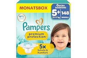 Pampers Premium Protection Größe 5+, 148 Windeln, 12kg-17kg, unser Nr. 1 Haut- und Auslaufschutz