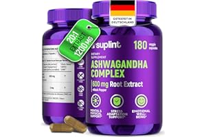 ‎SUPLINT Ashwagandha in Kapseln – Wurzelextrakt 20:1 = 12.000 mg reines Ashwagandha-Wurzelpulver pro Portion mit 5% Withanoliden – Hohe Konzentration – 180 Vegane Kapseln (1 Pack)