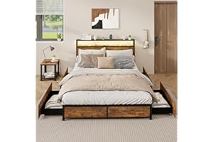 COSTWAY Łóżko z oświetleniem LED, stacją ładującą i 4 szufladami, łóżko z miejscem do przechowywania z zagłówkiem i stelażem, łóżko metalowe, z przemysłową ramą, dwuosobowe: 200 x 160 cm