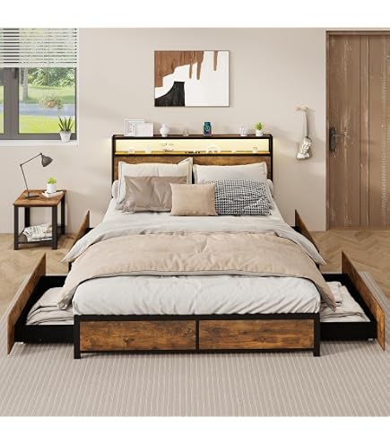 Letto Matrimoniale Moderno Con Testata Imbottita E Luci LED – Struttura Letto In Quercia E Nero Con Due Comodini Integrati E Cassetti – Sirius Crown