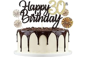 LOLLANDA Tortendeko Schwarzes Gold 30th, Happy Birthday Cake Topper, Papierfächer Cupcake, 30. Kuchendeko Tortenstecker für Geburtstag Deko Männer Frauen