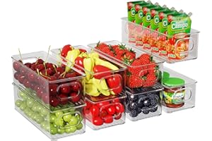 FINEW Kühlschrank Organizer 8er Set, Stapelbare Aufbewahrungsbox, Klein Kühlschrank Boxen mit Griff, durchsichtig Behälter für Küchen, Schränke, Gefrierschrank, Speisekammer - BPA Frei