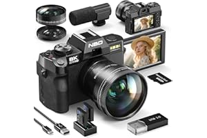 NBD 8K 64MP Digital Camera, Wi-Fi & App Control, 16X Zoom, Autofocus, Anti-Shake, 180° Flip Screen, Macro & Wide-Angle Lenses, Webcam Function, Includes 64GB TF Card & 2 Batteries (Black)