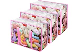 Vieshful Clear Clothes Storage Bag Organizer with Pink Reinforced Handle, 18.1 X 15 X 9.1 in, Storage Bag for Comforter, Blanket, Bedding, Duvet, Transparent Moving Totes with Sturdy Zipper, 3 Pack